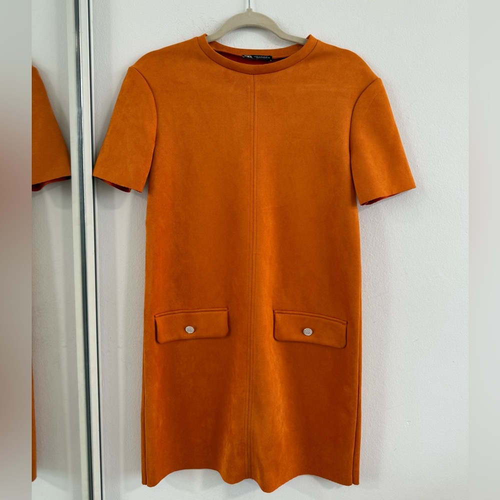 Zara Orange Sheath Mini Dress Crew Neck Short Sleeve